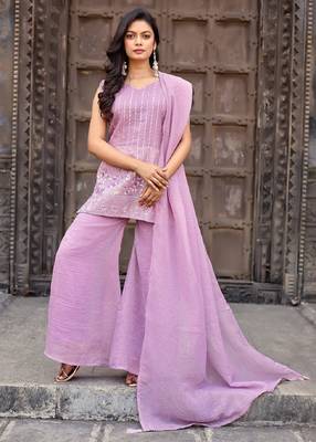 Lavender embroidered crunchy silk kurti with plazzo and duppata set 2