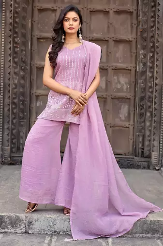 Lavender embroidered crunchy silk kurti with plazzo and duppata set