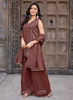 Brown embroidered crunchy silk kurti with plazzo and duppata set 5