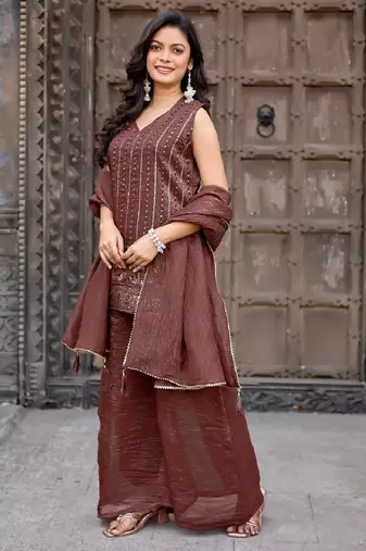 Brown embroidered crunchy silk kurti with plazzo and duppata set