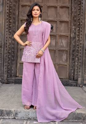 Lavender embroidered crunchy silk kurti with plazzo and duppata set 3