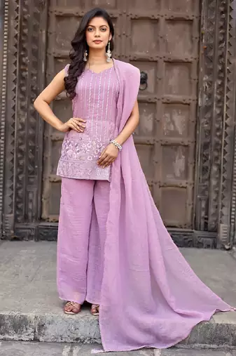 Lavender embroidered crunchy silk kurti with plazzo and duppata set