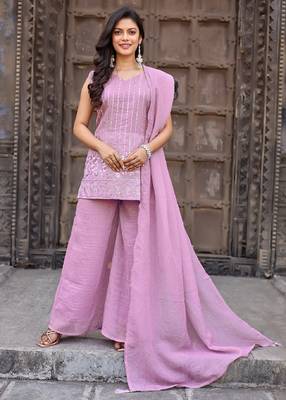 Lavender embroidered crunchy silk kurti with plazzo and duppata set 4