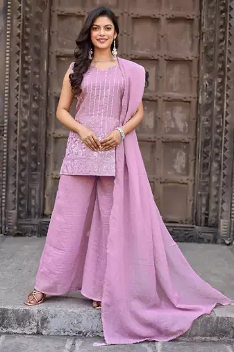 Lavender embroidered crunchy silk kurti with plazzo and duppata set