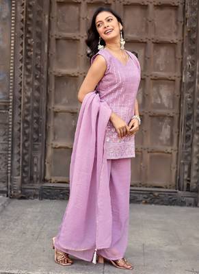 Lavender embroidered crunchy silk kurti with plazzo and duppata set 5