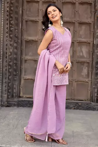 Lavender embroidered crunchy silk kurti with plazzo and duppata set