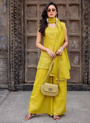 Yellow embroidered crunchy silk kurti with plazzo and duppata set 1