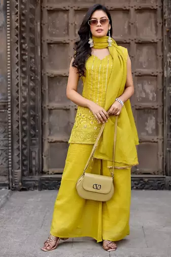 Yellow embroidered crunchy silk kurti with plazzo and duppata set