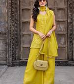 Yellow embroidered crunchy silk kurti with plazzo and duppata set