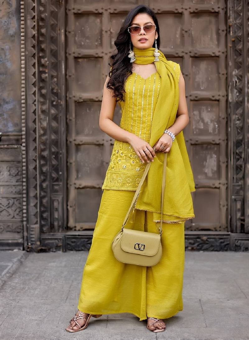 Yellow embroidered crunchy silk kurti with plazzo and duppata set
