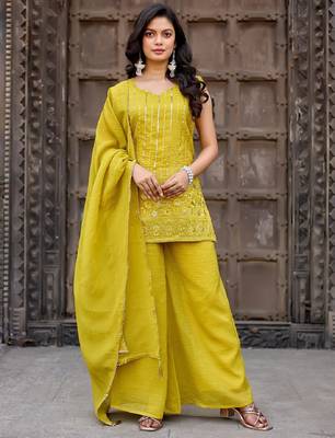 Yellow embroidered crunchy silk kurti with plazzo and duppata set 2