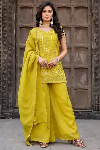 Yellow embroidered crunchy silk kurti with plazzo and duppata set