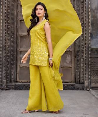 Yellow embroidered crunchy silk kurti with plazzo and duppata set 3