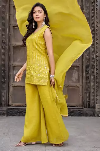 Yellow embroidered crunchy silk kurti with plazzo and duppata set
