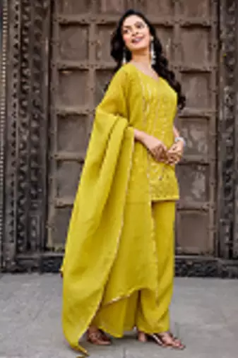 Yellow embroidered crunchy silk kurti with plazzo and duppata set
