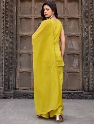 Yellow embroidered crunchy silk kurti with plazzo and duppata set 5