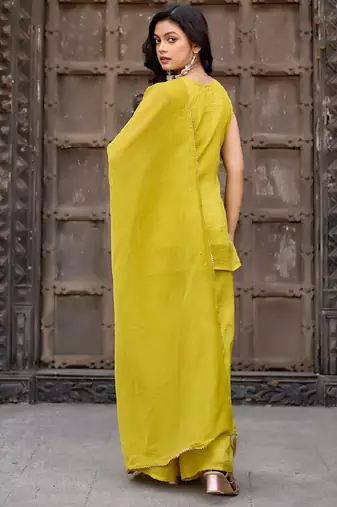 Yellow embroidered crunchy silk kurti with plazzo and duppata set
