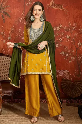 Women mustard vichitra silk embroidered kurta set