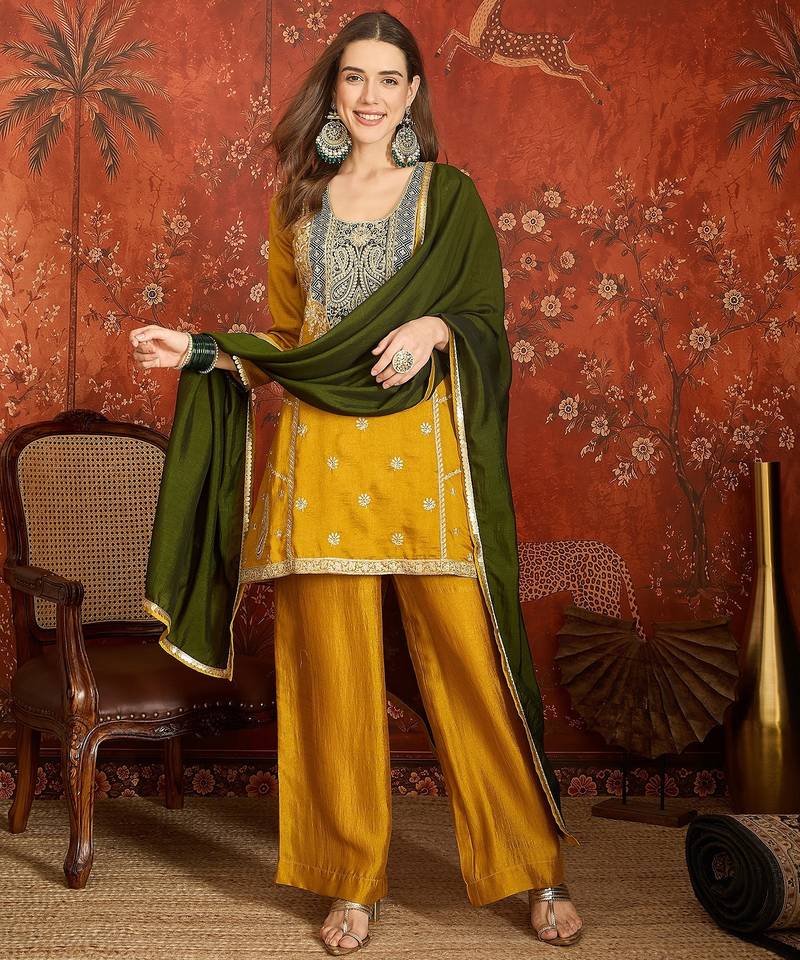 Women mustard vichitra silk embroidered kurta set
