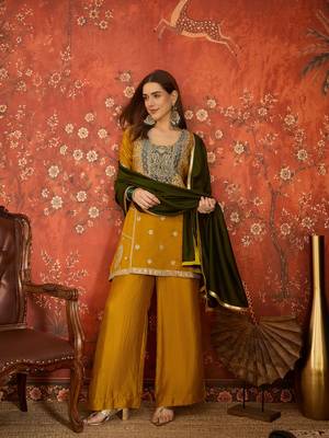 Women mustard vichitra silk embroidered kurta set 2