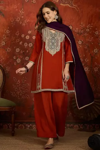 Women rust vichitra silk embroidered kurta set