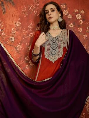 Women rust vichitra silk embroidered kurta set 2