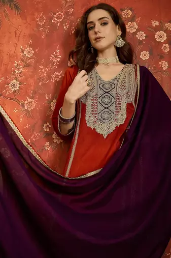 Women rust vichitra silk embroidered kurta set