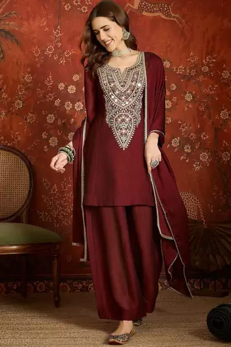 Women purple pure silk embroidered kurta set