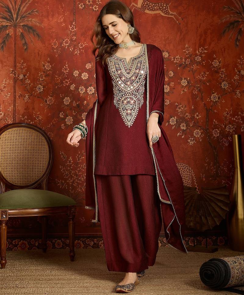 Women purple pure silk embroidered kurta set