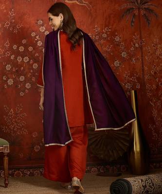 Women rust vichitra silk embroidered kurta set 5