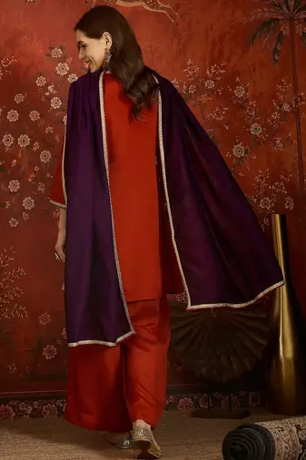 Women rust vichitra silk embroidered kurta set