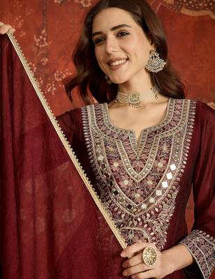 Women purple pure silk embroidered kurta set 5