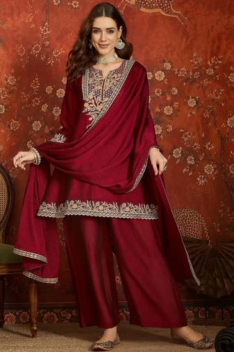 Women purple pure silk embroidered kurta set