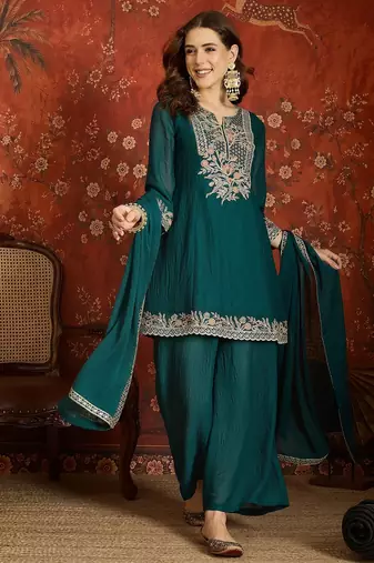 Women purple pure silk embroidered kurta set