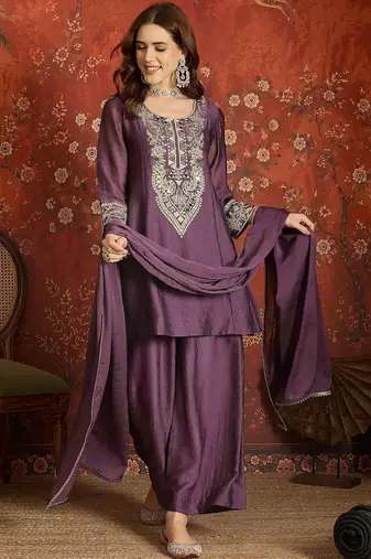 Women purple pure silk embroidered kurta set