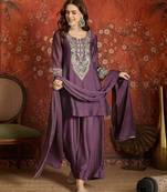 Women purple pure silk embroidered kurta set