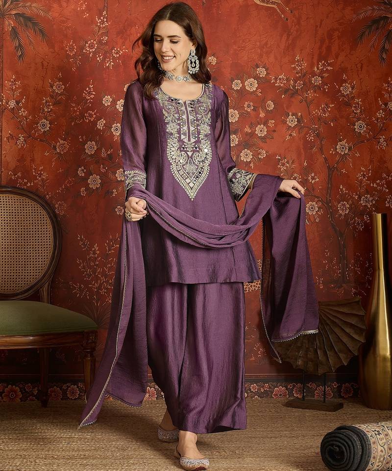 Women purple pure silk embroidered kurta set