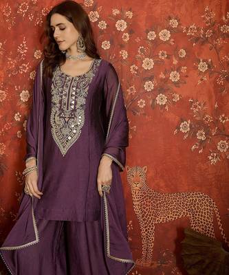 Women purple pure silk embroidered kurta set 2