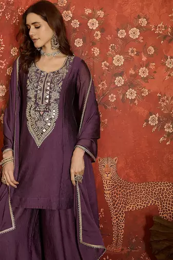 Women purple pure silk embroidered kurta set