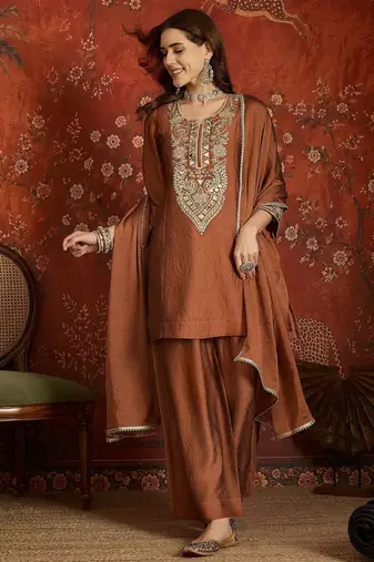 Women rust pure silk embroidered kurta set