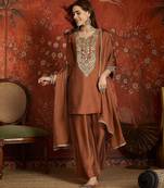 Women rust pure silk embroidered kurta set