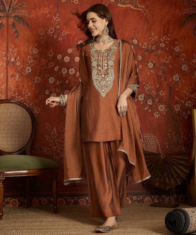 Women rust pure silk embroidered kurta set