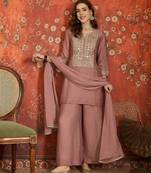 Women mauve pure silk embroidered kurta set