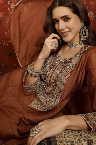 Women rust pure silk embroidered kurta set
