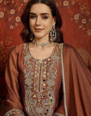 Women rust pure silk embroidered kurta set 3