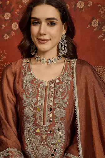 Women rust pure silk embroidered kurta set