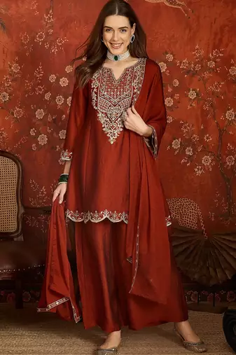 Women rust pure silk embroidered kurta set