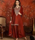 Women rust pure silk embroidered kurta set
