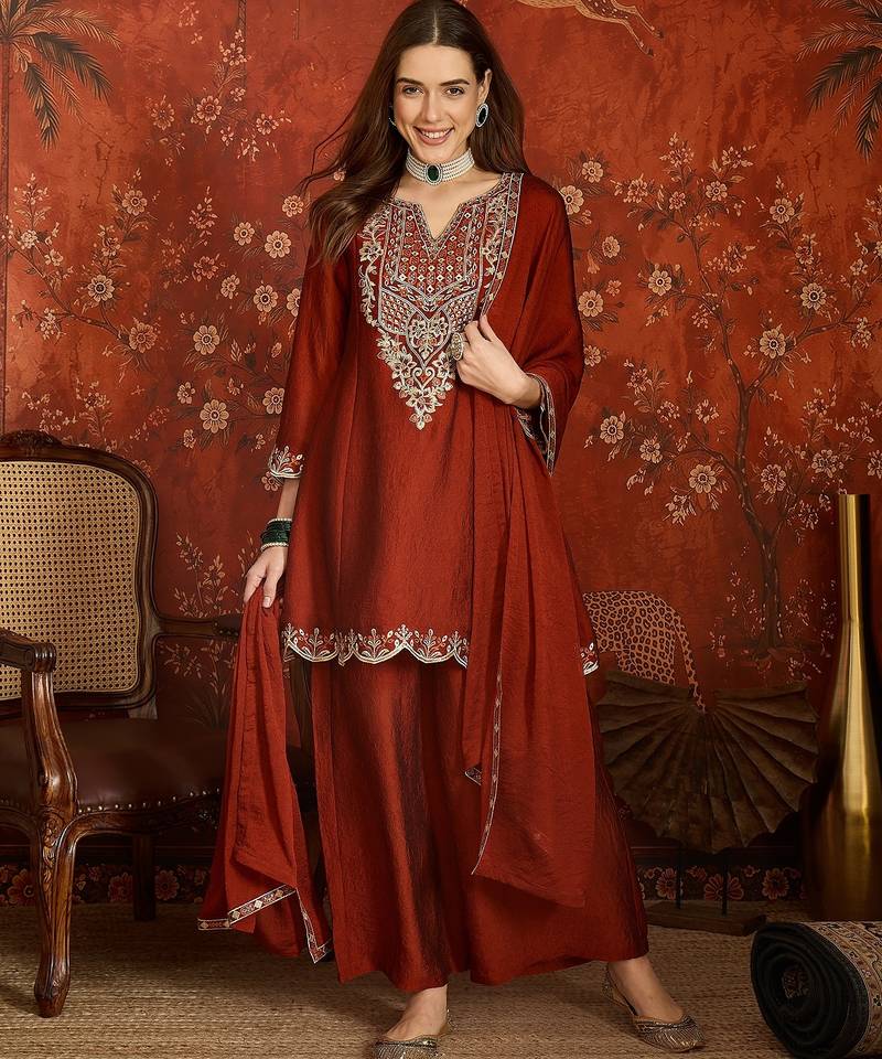 Women rust pure silk embroidered kurta set