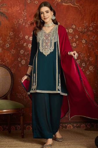 Women teal vichitra silk embroidered kurta set